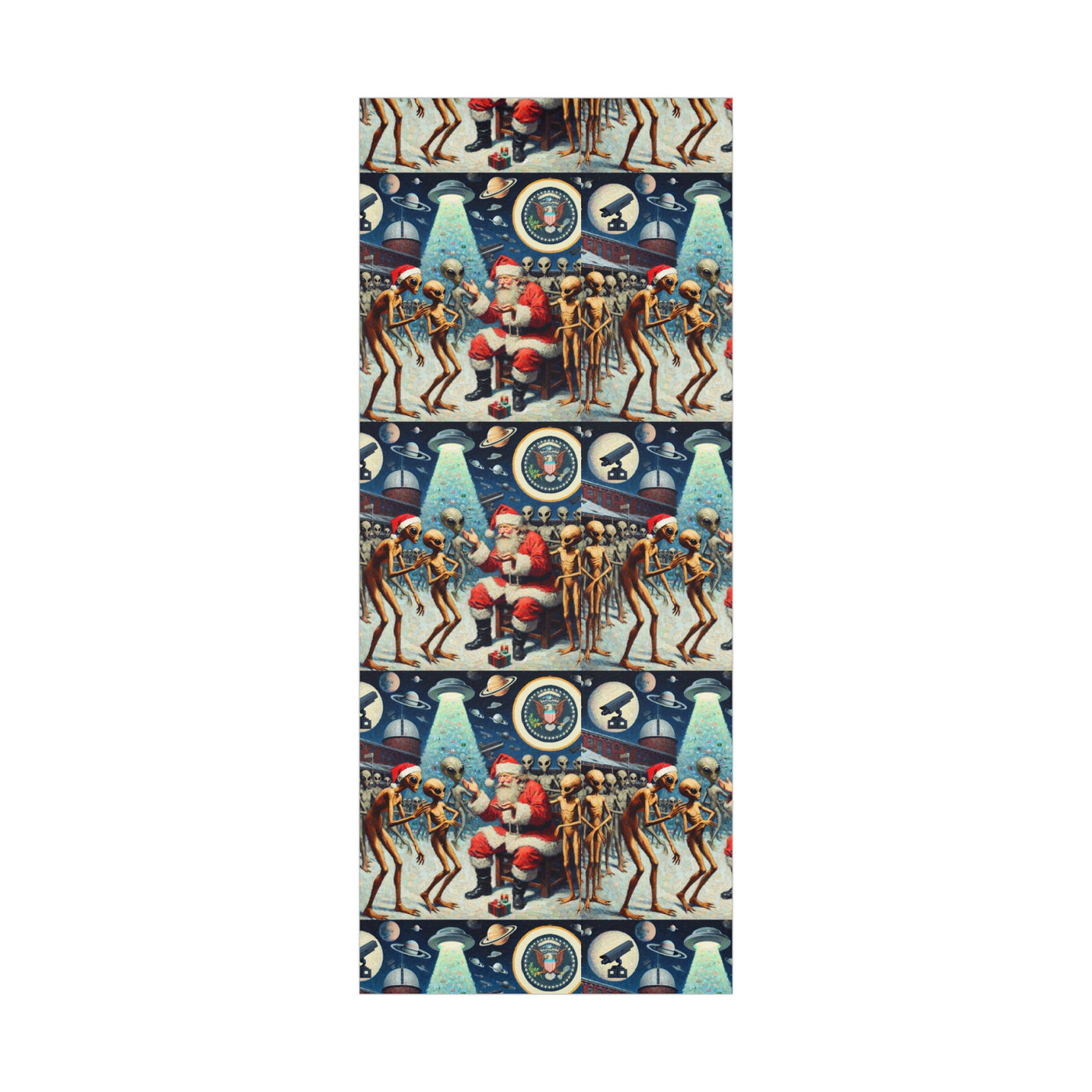 Vintage alien wrapping paper with Santa and UFOs.