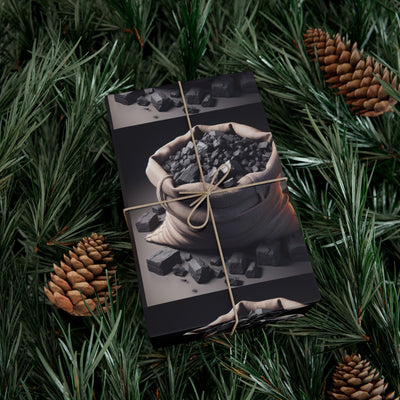 Gift wrap paper with a sack of coal design tied with twine.