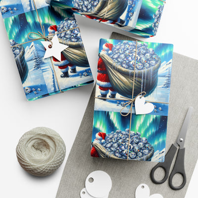 Gift wrap featuring Santa with a bag of diamonds under the aurora borealis.