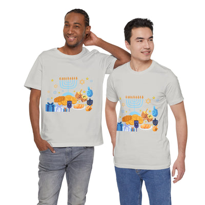 Men's light grey t-shirt with a Hanukkah graphic.