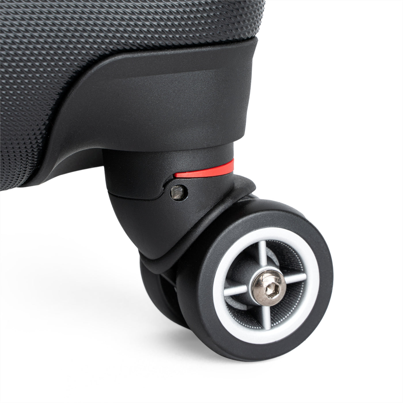 360-degree swivel wheel detail on suitcase, offering smooth rolling and maneuverability for travel convenience.