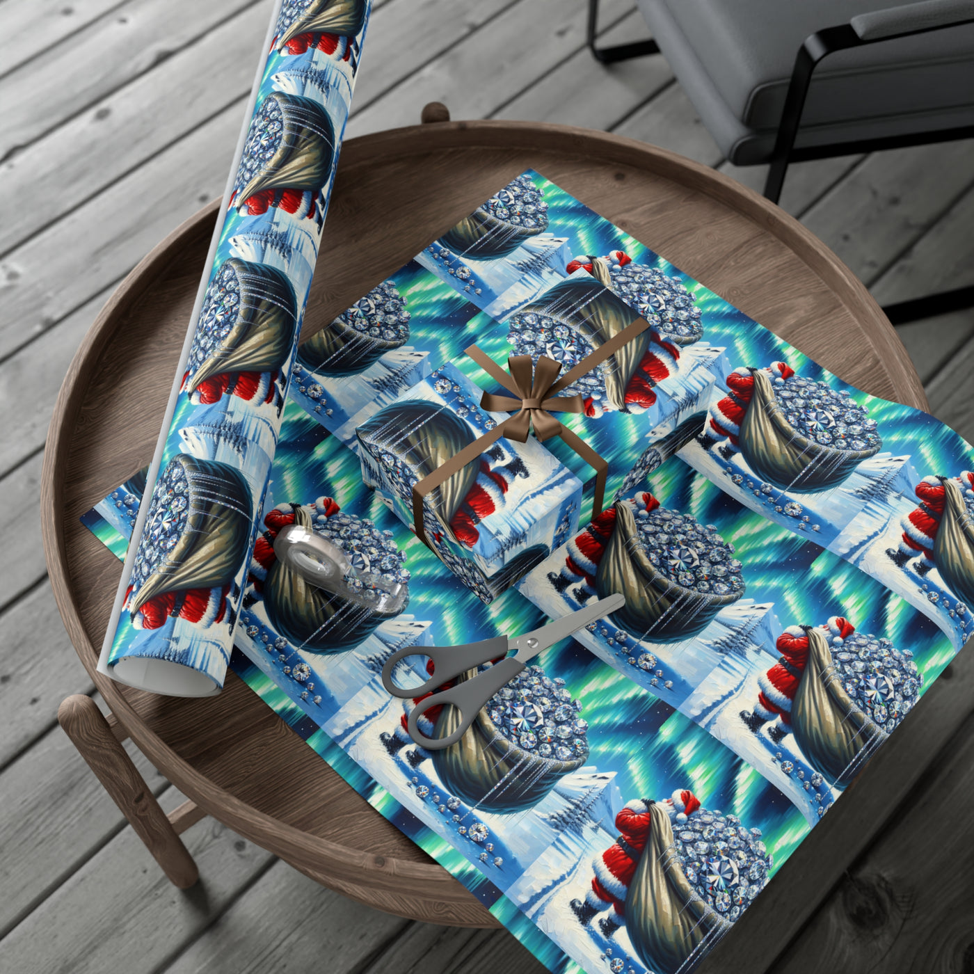 Wrapping paper with a Santa theme, featuring Santa carrying a sack of diamonds under the aurora borealis.