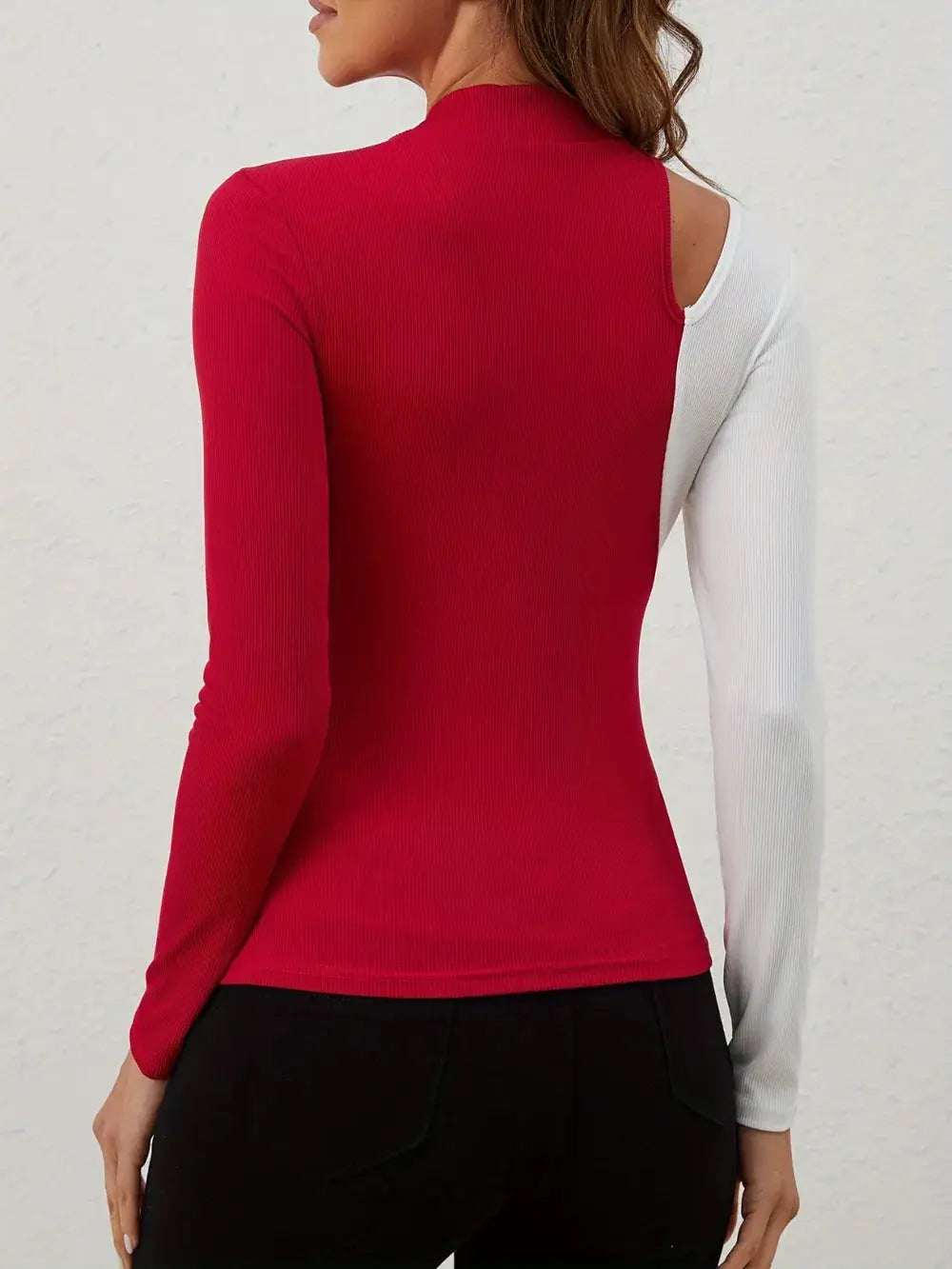Red and white long sleeve t-shirt with a cutout shoulder.
