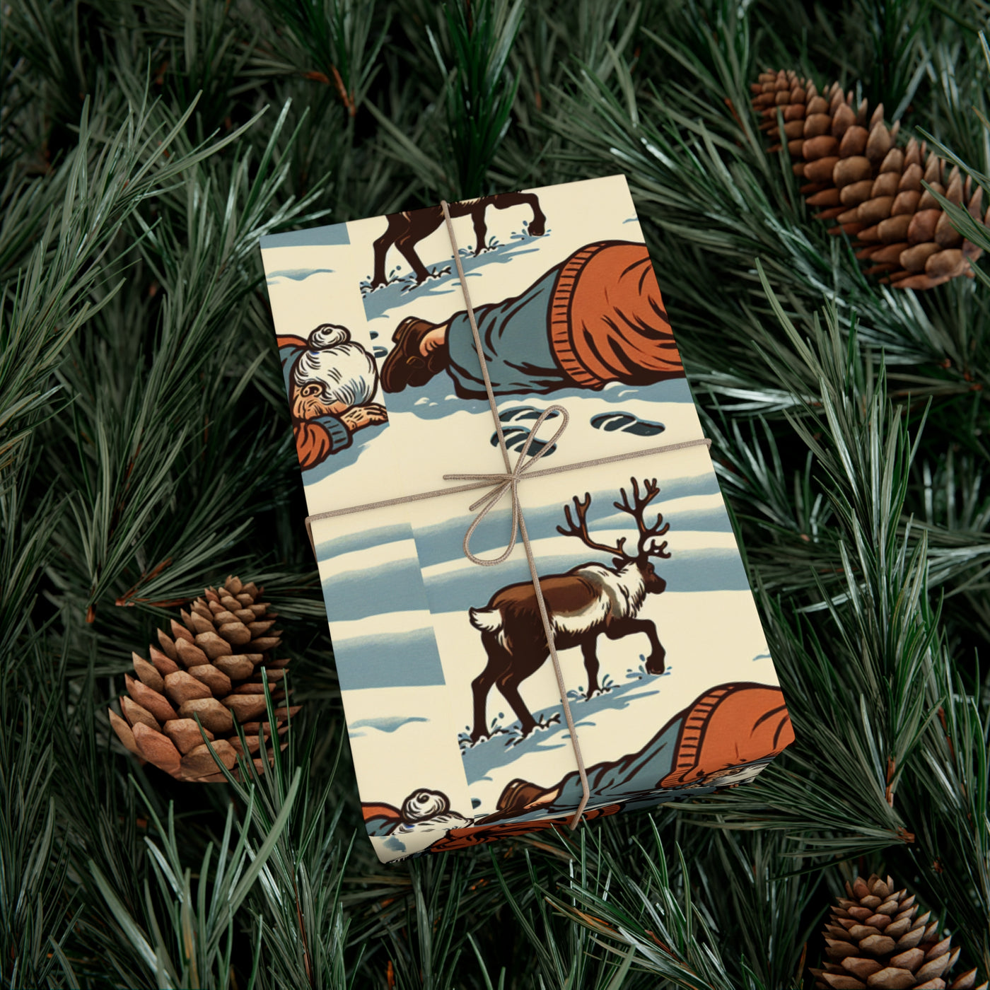 Gift wrap with a vintage illustration of a reindeer and a person in the snow.