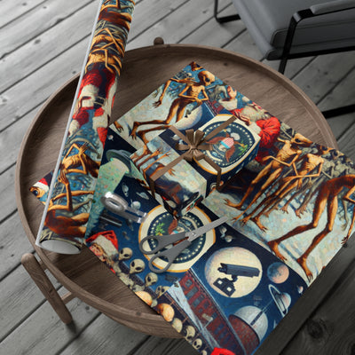 Vintage alien wrapping paper with Santa and conspiracy motifs.