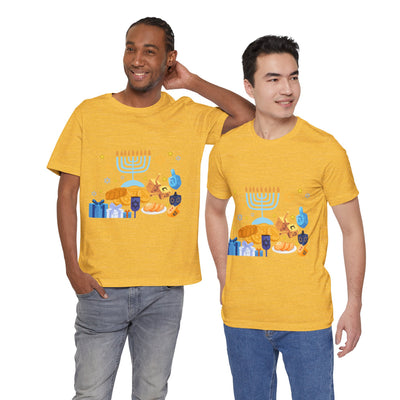 Men in yellow t-shirts with a Hanukkah graphic.