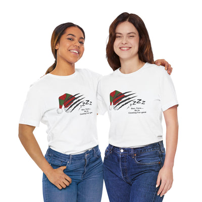 Two women in white t-shirts with a Nightmare on Elm Street holiday graphic.