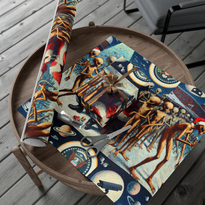 Vintage alien wrapping paper with Santa and planets on a wooden table.