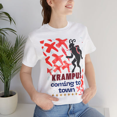 White t-shirt with a black Krampus graphic and "Krampus coming to town" text.