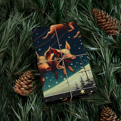 Wrapping paper with flying pigs on a starry night, surrounded by pine needles and pinecones.
