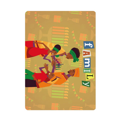 Kwanzaa postcard featuring a vibrant illustration of a family celebrating.