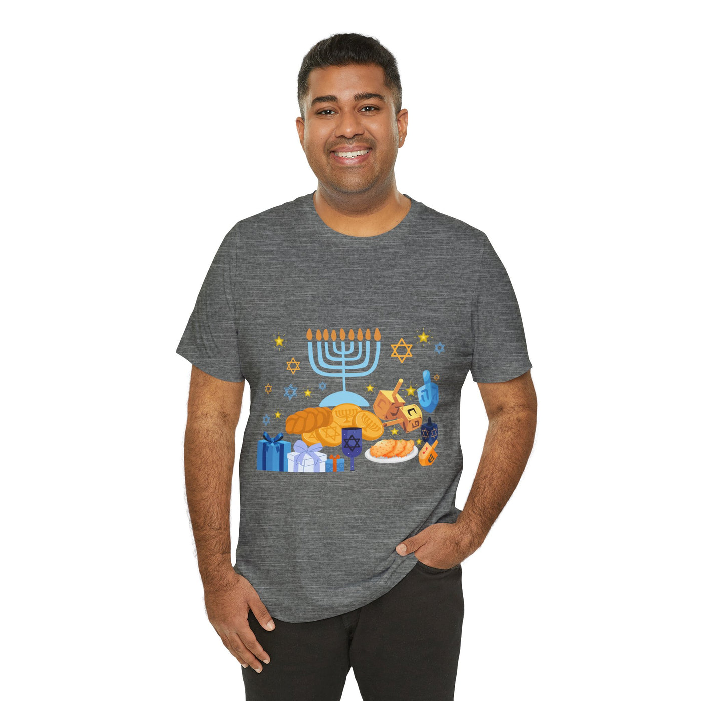 Men's grey t-shirt with a Hanukkah graphic featuring a menorah, dreidels, and gifts.
