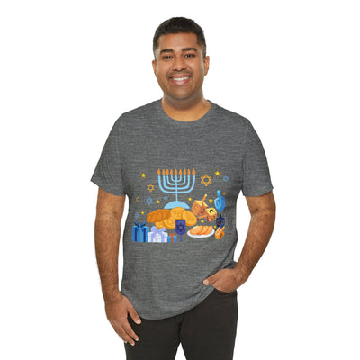 Men's grey t-shirt with a Hanukkah graphic featuring a menorah, dreidels, and gifts.