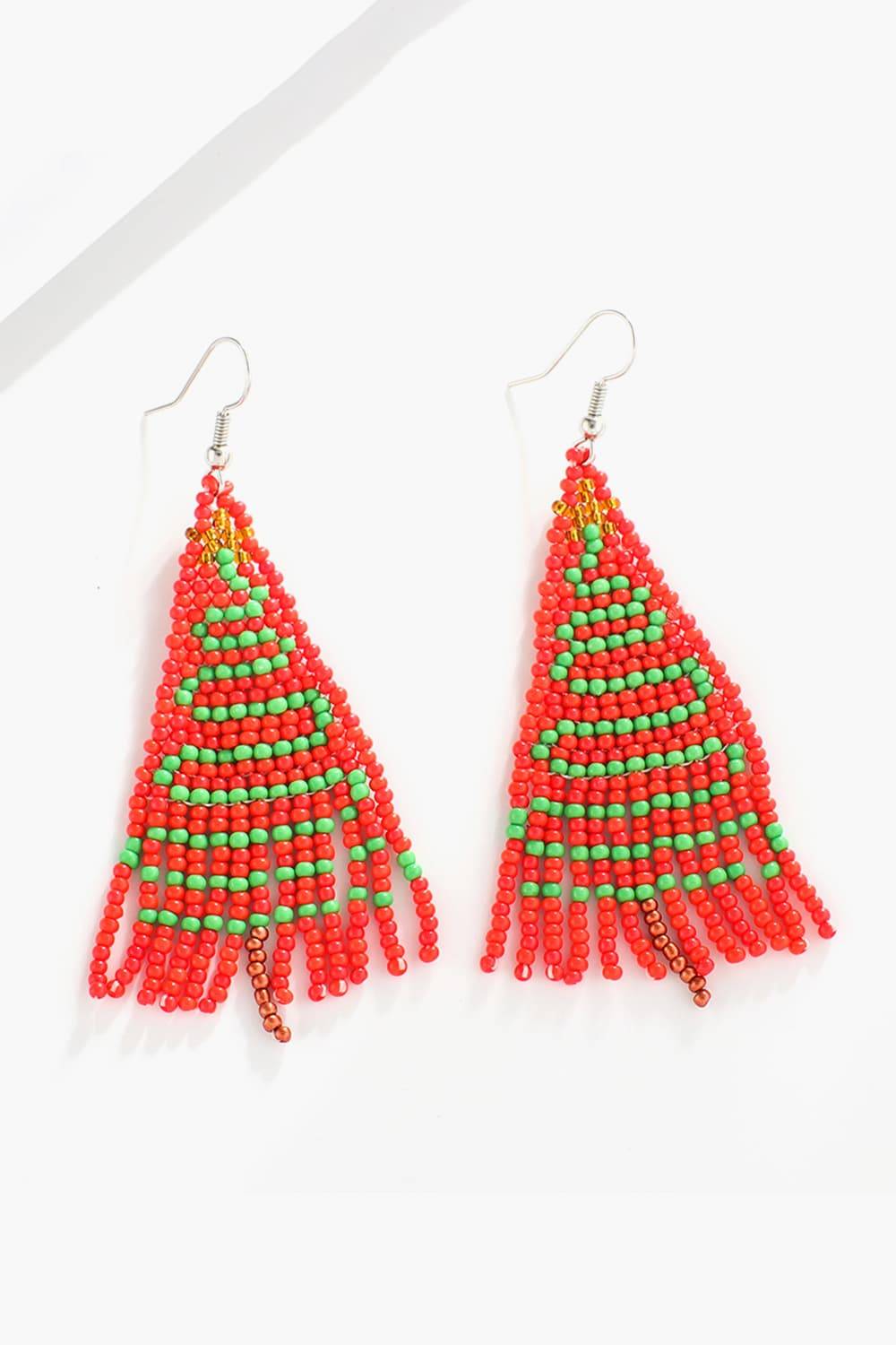 Red and green beaded fringe earrings with gold accents.