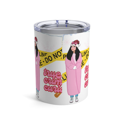 A stainless steel tumbler with a holiday-themed true crime design.