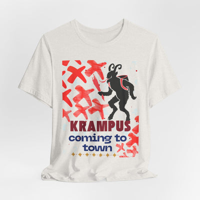 A white t-shirt with a Krampus graphic and text that reads "Krampus coming to town".