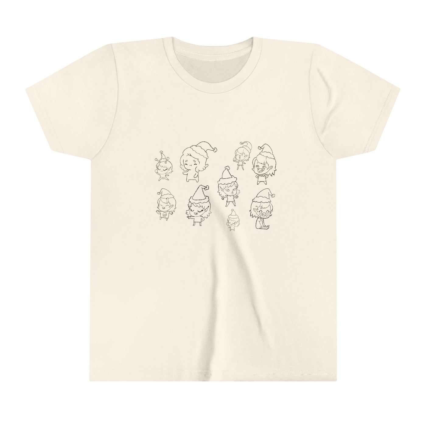 Cream t-shirt with a line drawing of cute elves wearing Santa hats.