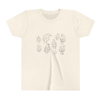 Cream t-shirt with a line drawing of cute elves wearing Santa hats.