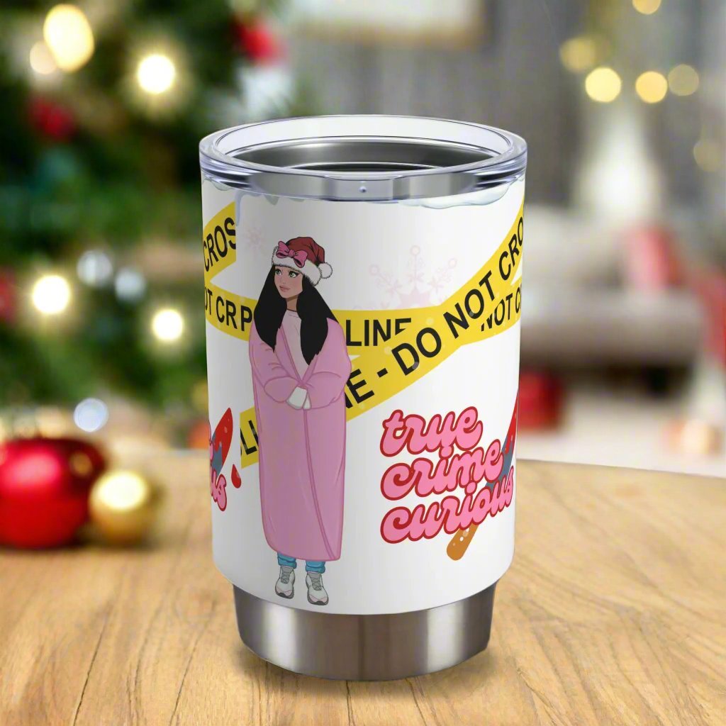True Crime Holiday Edition tumbler with a cartoon girl and yellow caution tape.