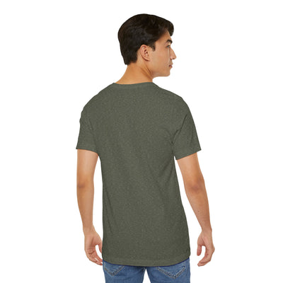 Back view of a man wearing a heather dark grey t-shirt and blue jeans.