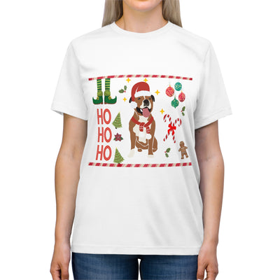 White t-shirt with a festive Christmas dog graphic and "Ho Ho Ho" text.