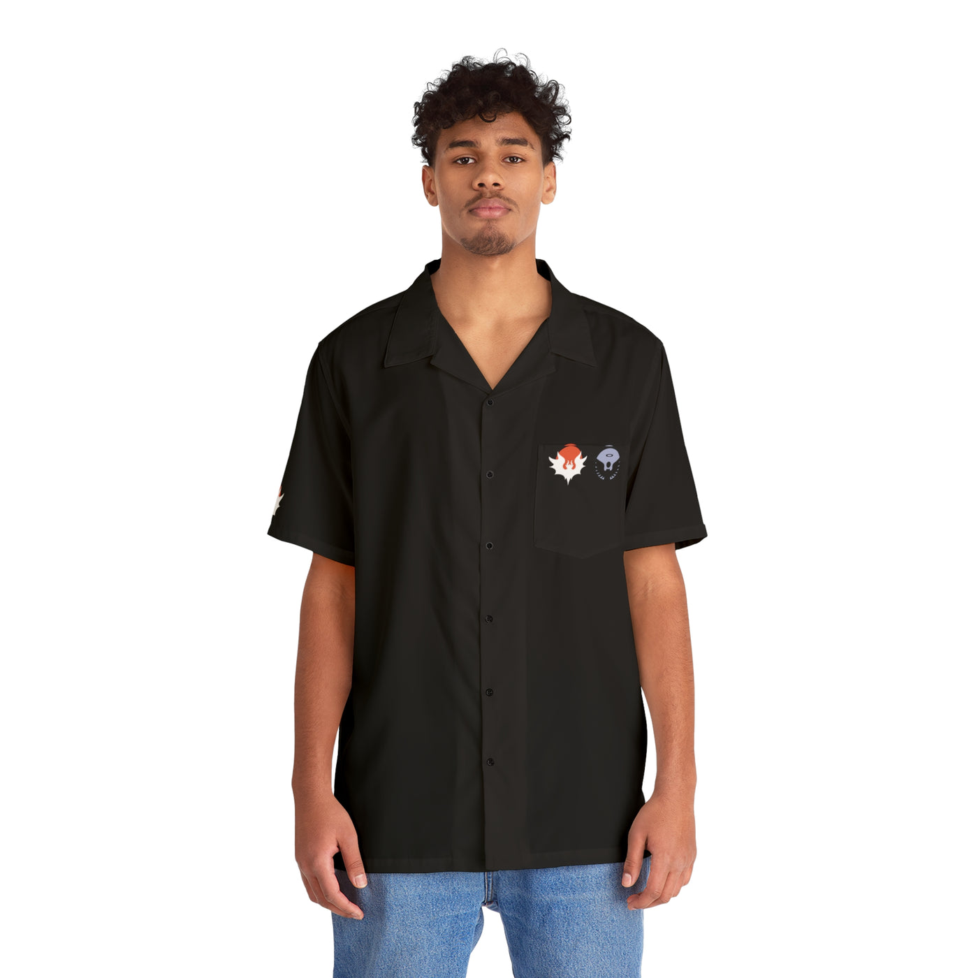 Hawaiian Shirt: Shoulder Angel’s and Demons Hawaiian Shirt with Fun, Trendy, Summer Vibes.  Beach Party Attire, Casual Wear, Unique Vacation Shirt.