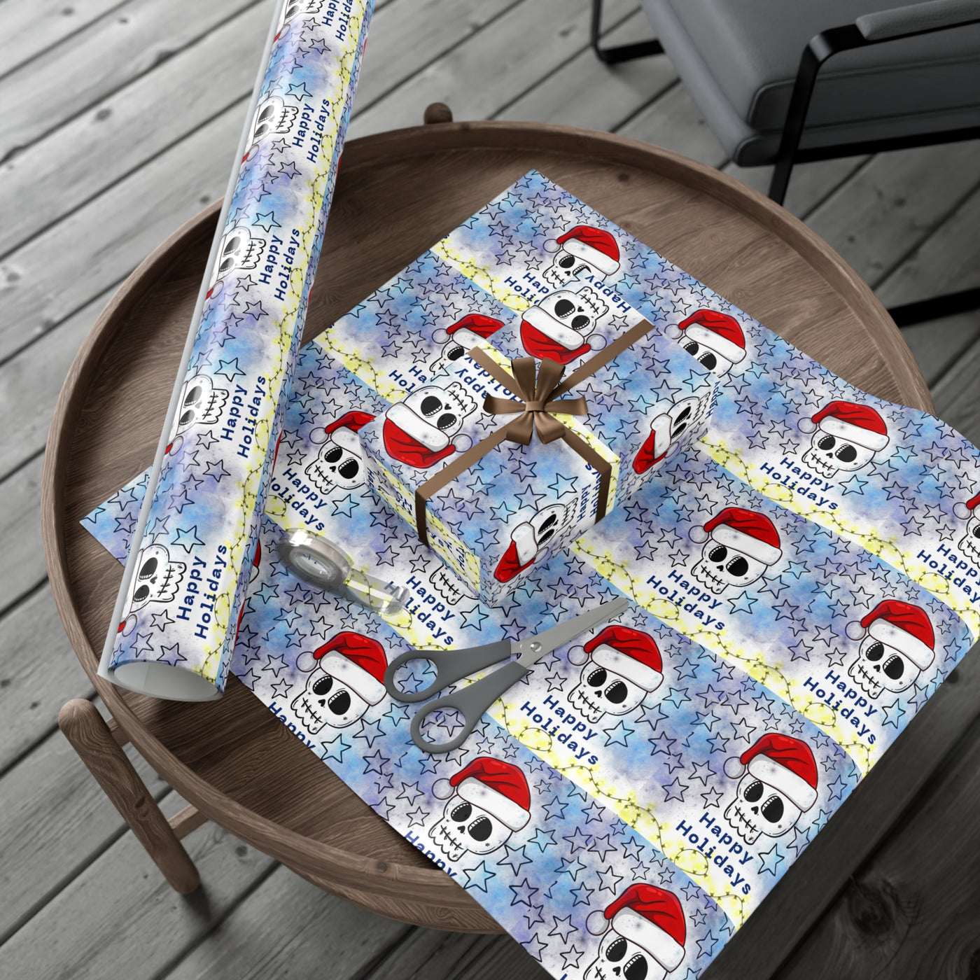 Gift wrap paper with a skull and Santa hat design on a starry background.