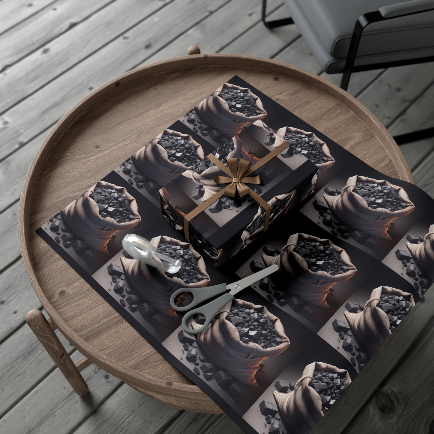 Gift wrap paper featuring a repeating pattern of burlap sacks filled with coal.