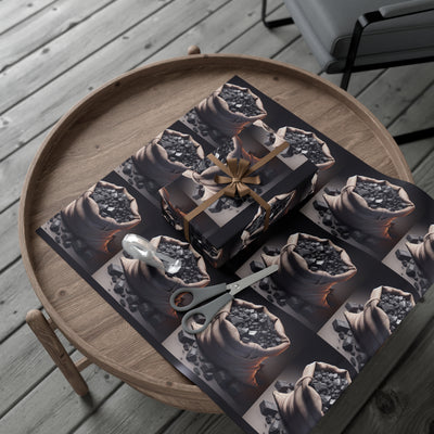 Gift wrap paper with a repeating pattern of burlap sacks filled with coal.