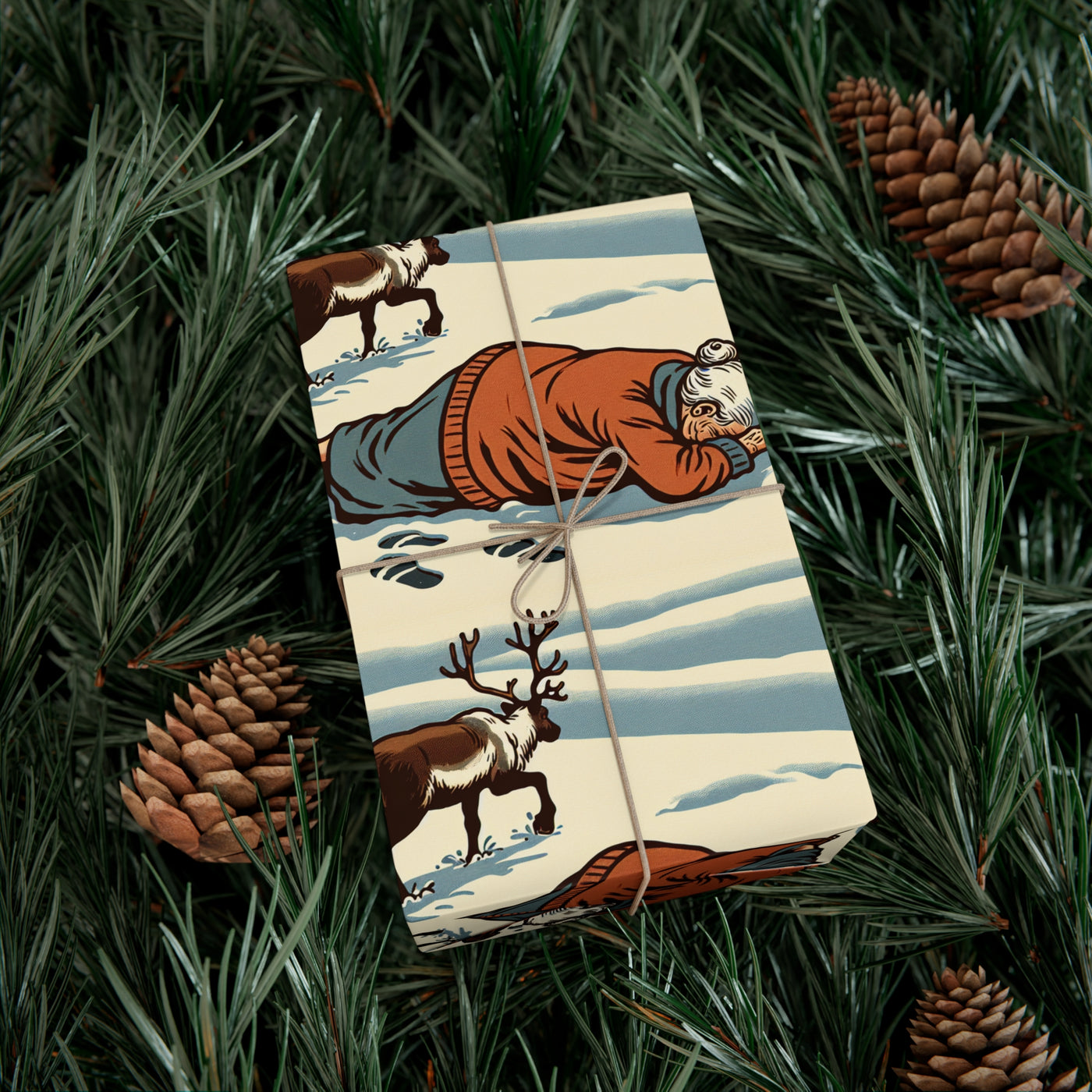 Gift wrap with a vintage illustration of a woman and reindeer in the snow.