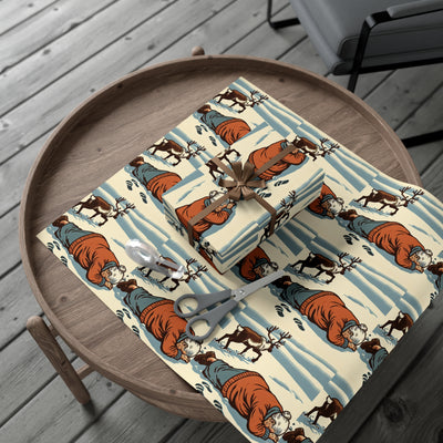 Wrapping paper with a vintage illustration of a grandma and reindeer in the snow.