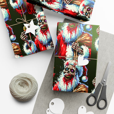 Zombie Santa wrapping paper with a star gift tag and scissors.