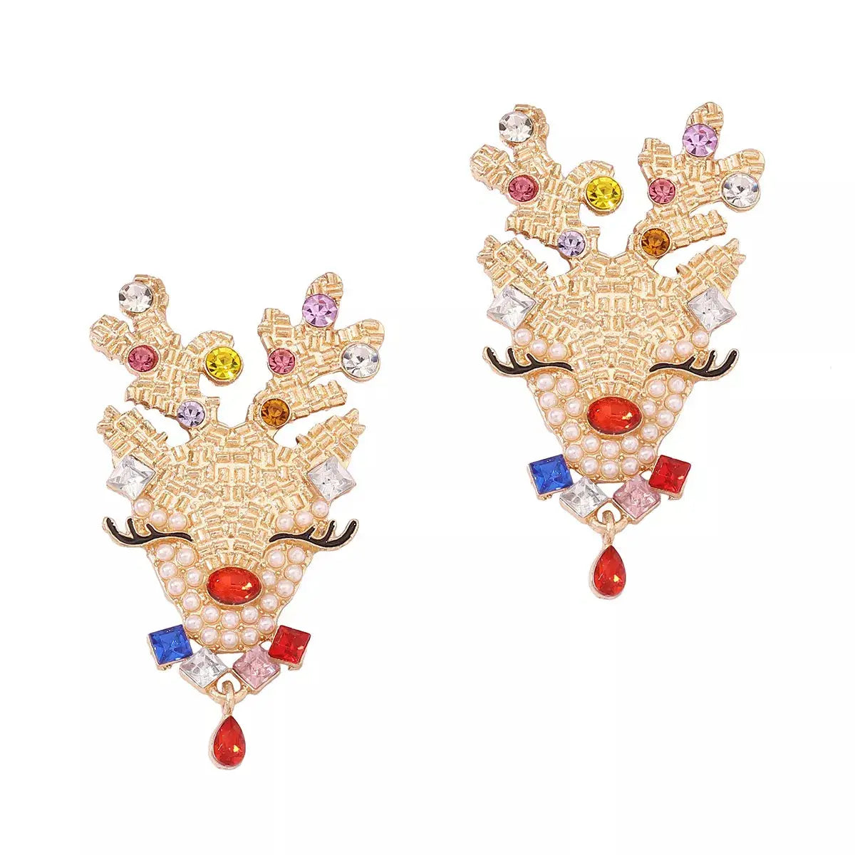 Gold-plated reindeer earrings with colorful rhinestones and pearl accents.