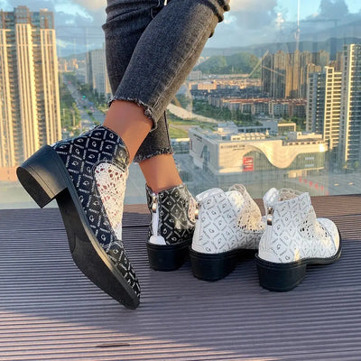 Printed point toe block heel boots with mesh and low heel.