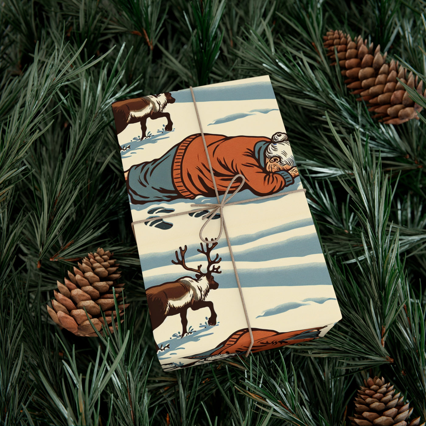 Wrapping paper with a vintage illustration of a woman and reindeer in the snow.