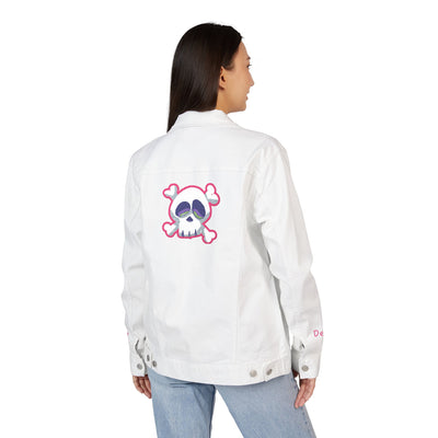Jacket: Embroidered Drop Dead Pink Punk Skull Denim Jacket