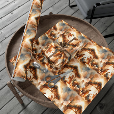 Christmas gift wrap with a watercolor nativity scene design.