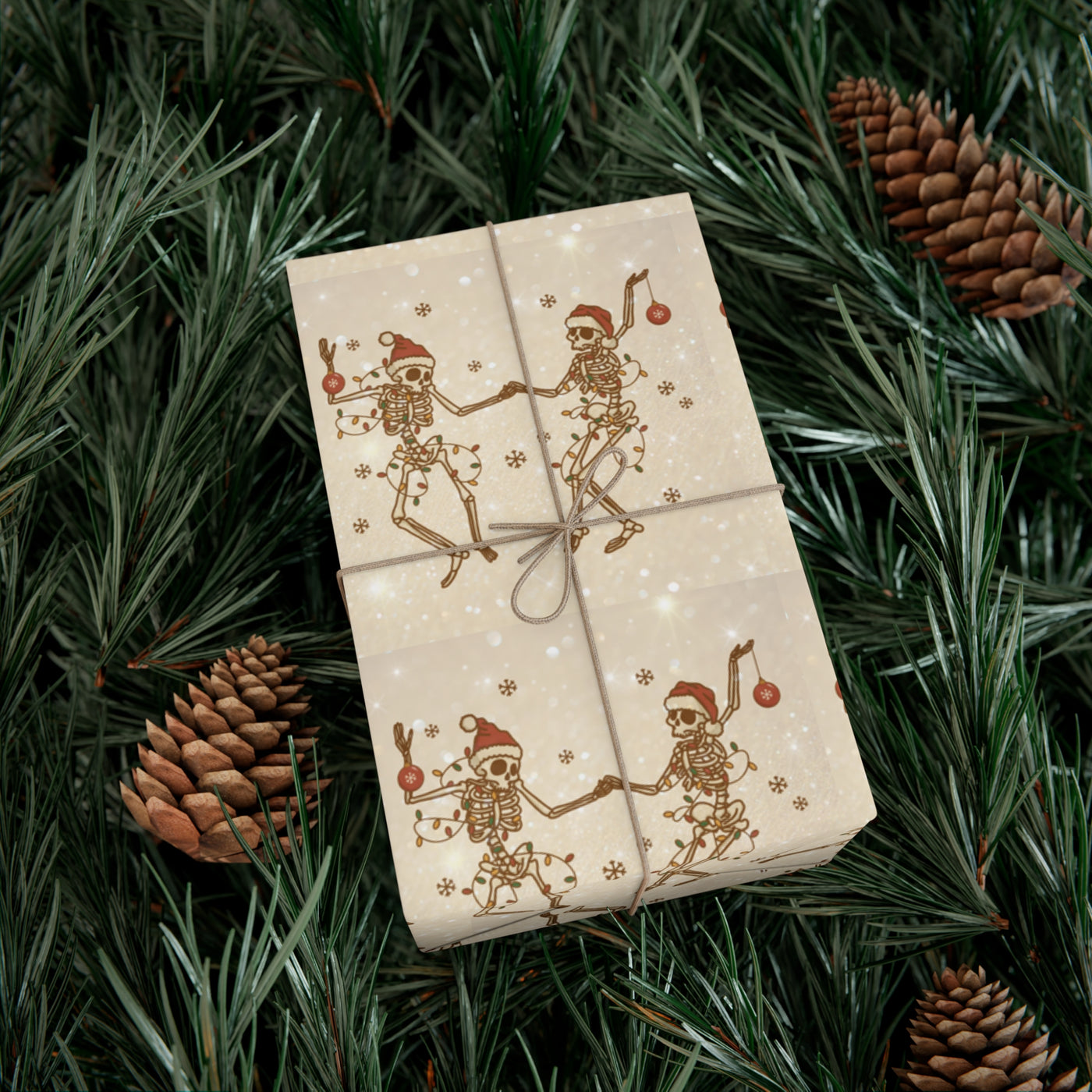 Gift wrap with a skeleton and Christmas light pattern on a tan background.