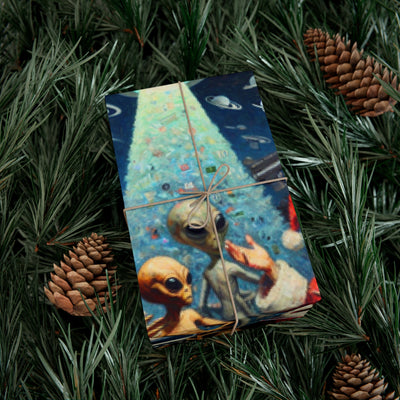 Vintage alien wrapping paper with a Christmas tree and pine cones.