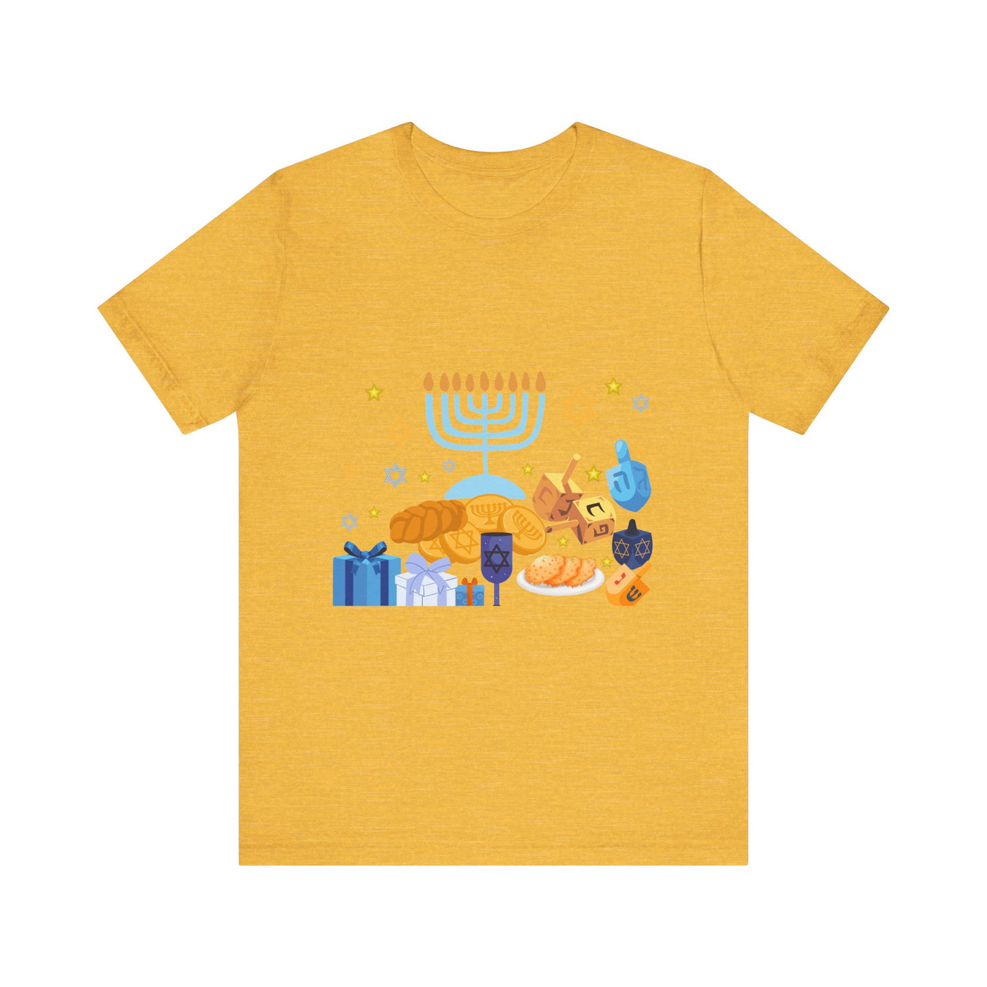 Yellow t-shirt with a graphic of Hanukkah symbols including a menorah, dreidels, gelt, and gifts.