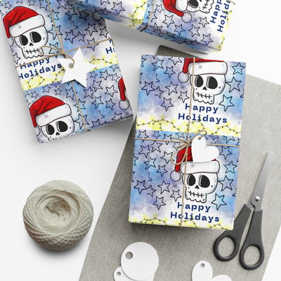 Gift wrap with a skull wearing a Santa hat and stars on a blue background.