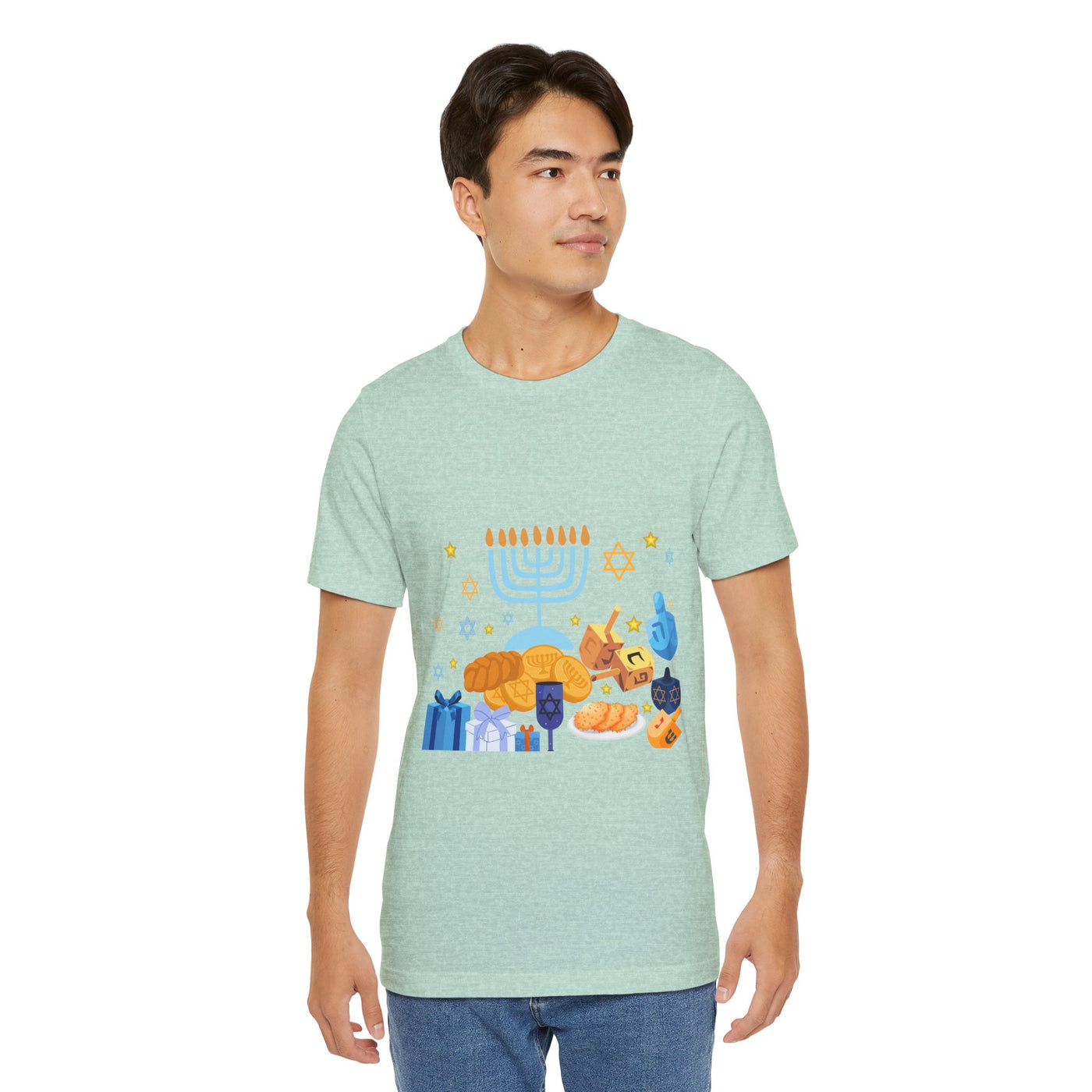 Light blue graphic tee with a Hanukkah menorah design.