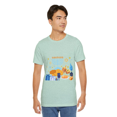 Light blue graphic tee with a Hanukkah menorah design.