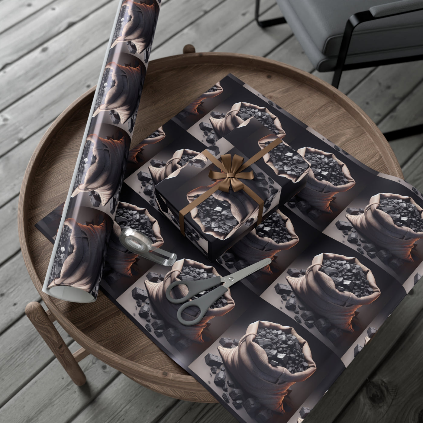 Gift wrap paper featuring a repeating pattern of burlap sacks filled with coal.