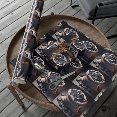 Gift wrap paper featuring a repeating pattern of burlap sacks filled with coal.