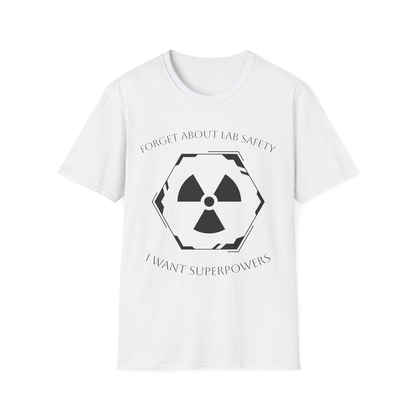 Funny Radiation Superpowers T-Shirt with science humor graphic for comic book fans