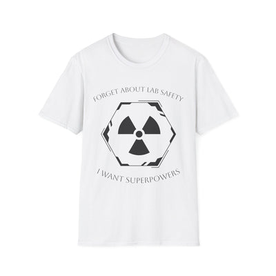 Funny Radiation Superpowers T-Shirt with science humor graphic for comic book fans