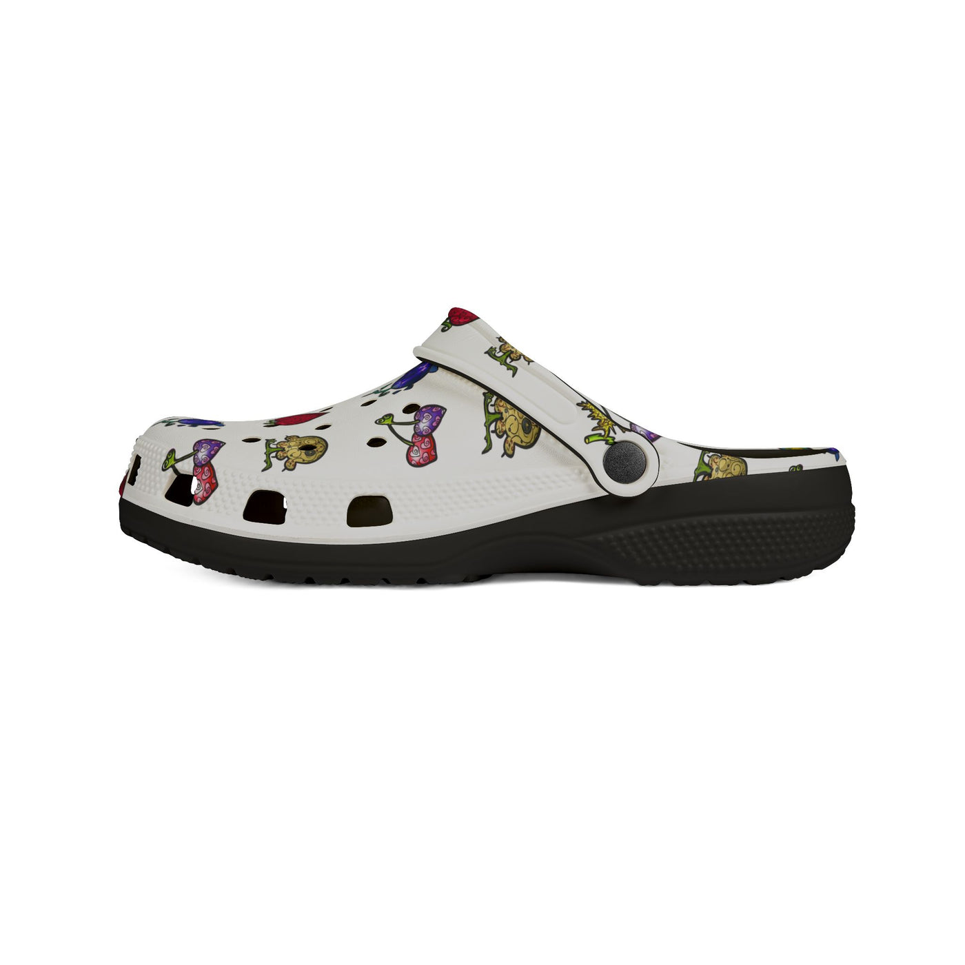 White clogs with colorful fruit and mushroom pattern.