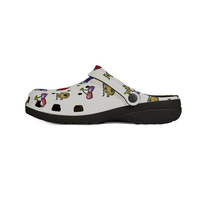 White clogs with colorful fruit and mushroom pattern.