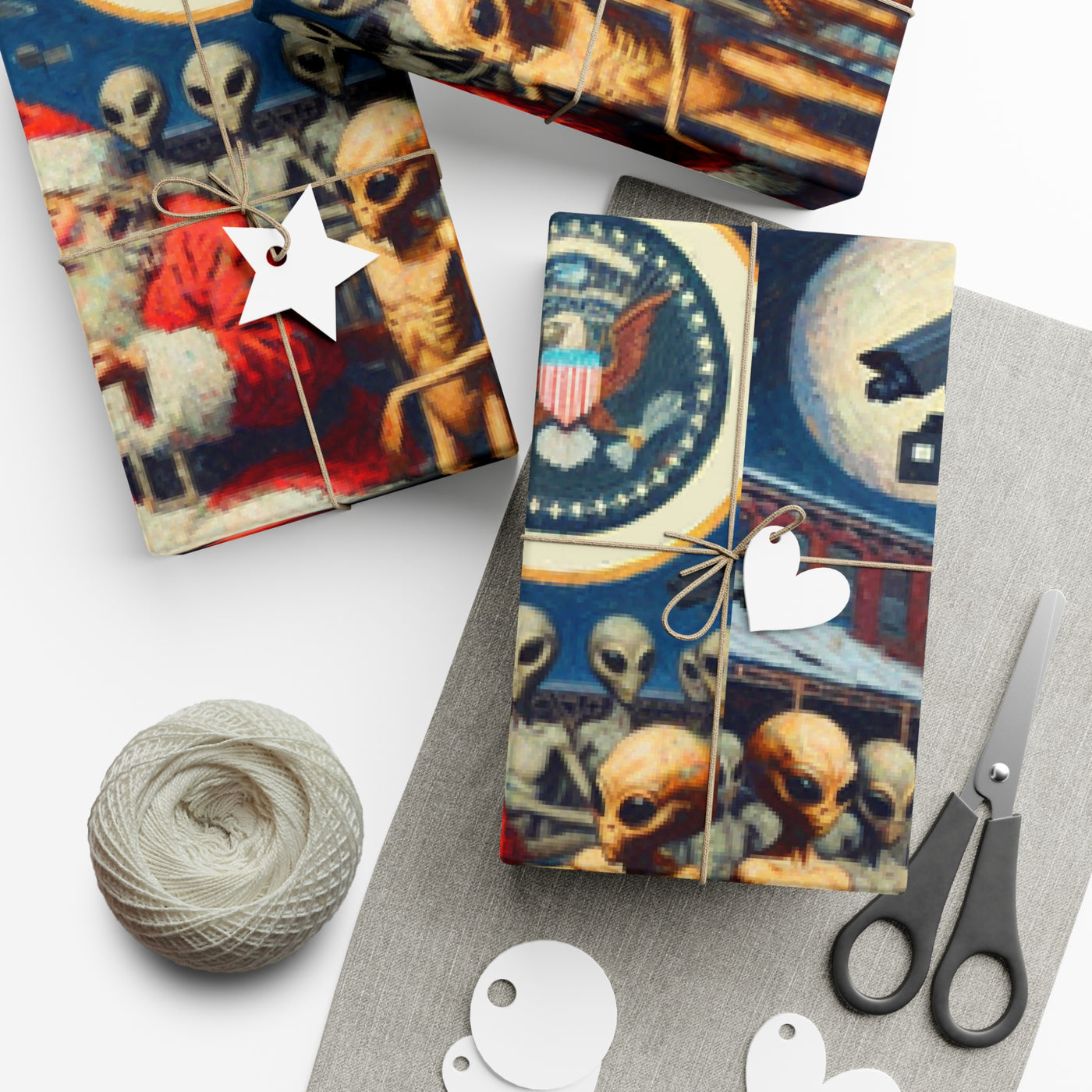 Vintage alien wrapping paper with Santa and patriotic seal designs.